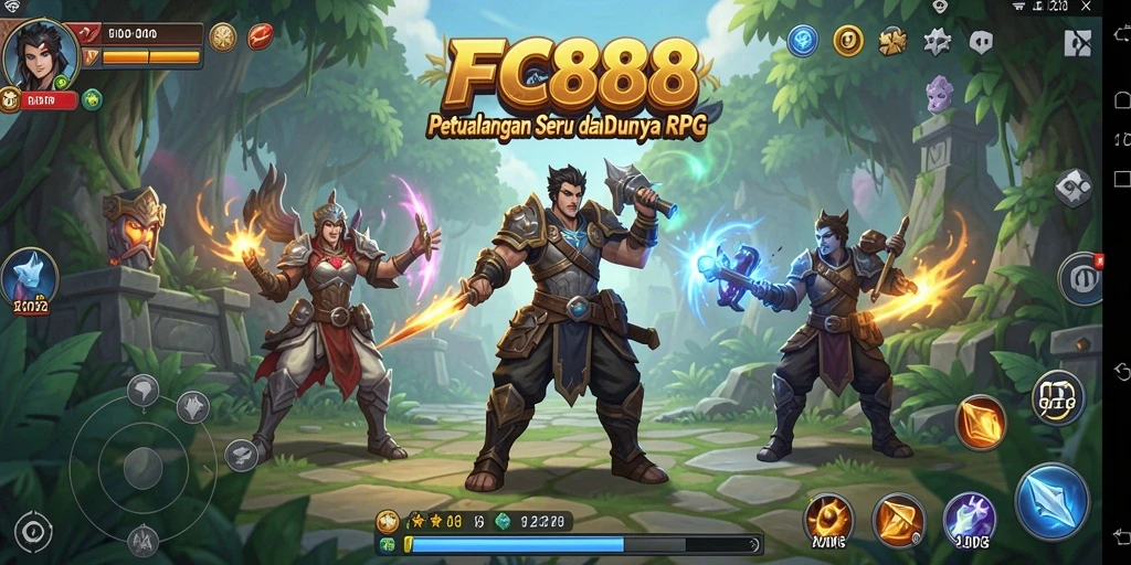 Tangkapan layar FC888 menampilkan karakter utama dalam aksi melawan monster RPG.