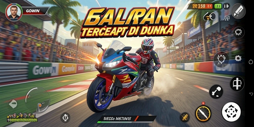 Screenshot GOWIN menunjukkan aksi balapan motor yang mendebarkan di trek.