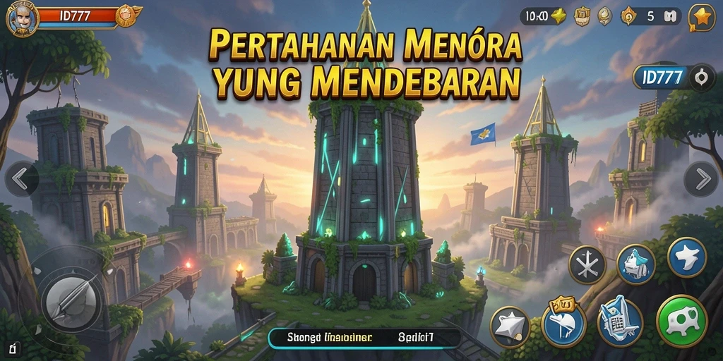 Screenshot utama ID777 menampilkan aksi menara dalam pertempuran Tower Defense.