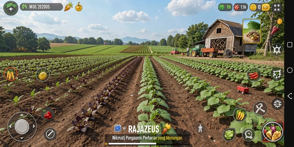 Screenshot gameplay RAJAZEUS dengan aktivitas pertanian yang menyenangkan.