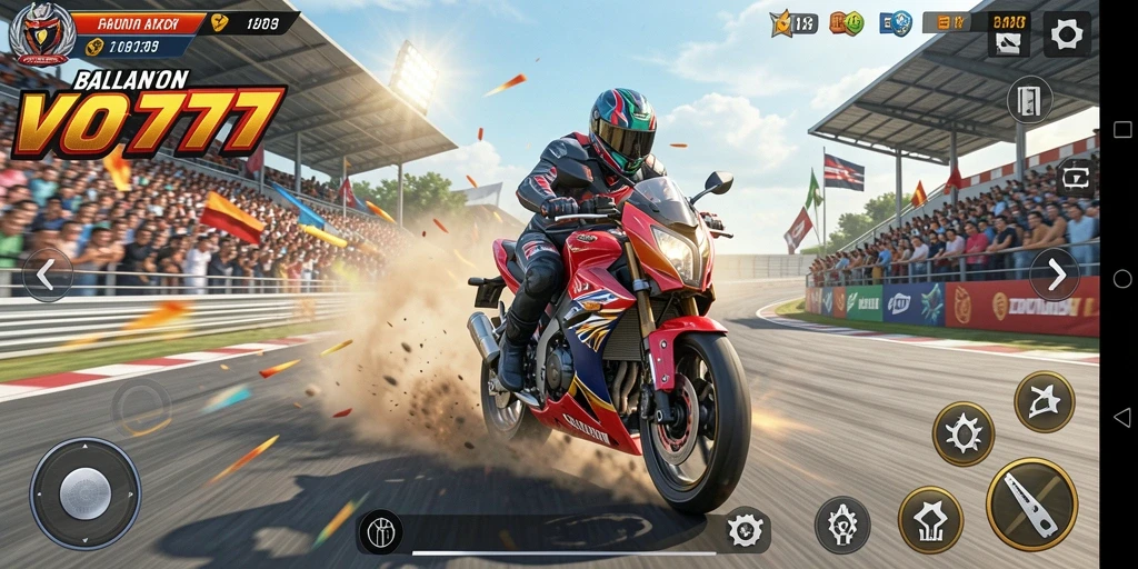 Screenshot gameplay VO777 menampilkan balapan motor yang mendebarkan dan intens.
