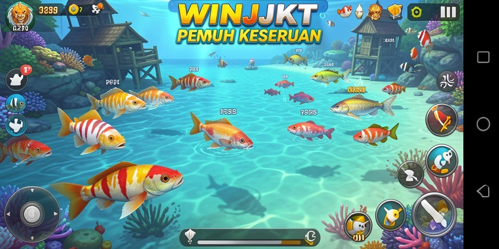 Tampilan gameplay seru WINJKT dengan aksi menembak ikan.